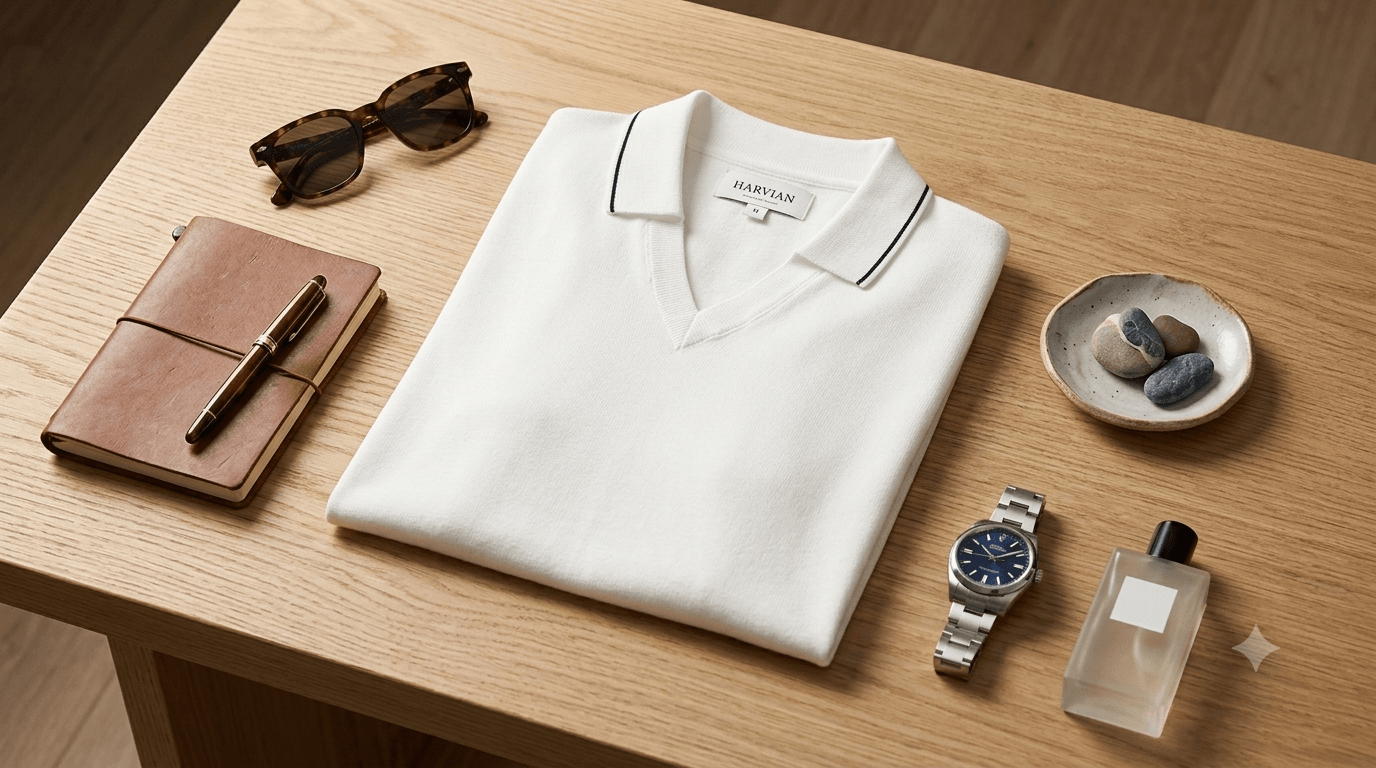 HARVIAN Amalfi V-Neck styled flat lay with sunglasses, notebook, watch, and perfume on a wooden table.